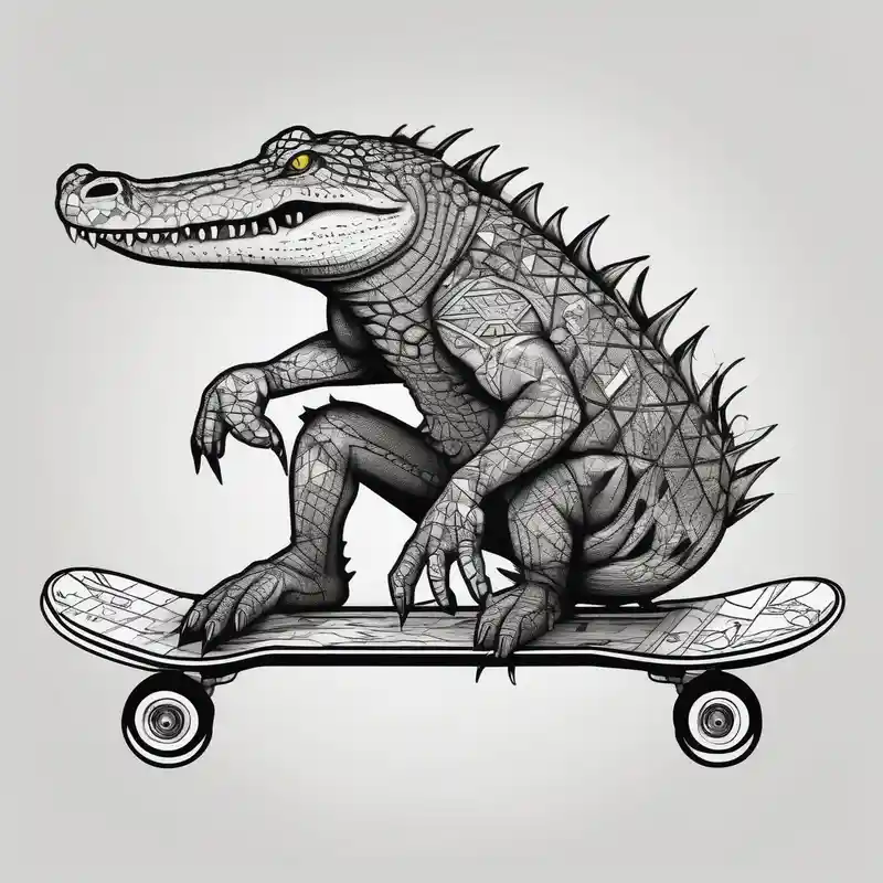 crocodile riding a skateboard with piercings and tattoos fishing tattoos